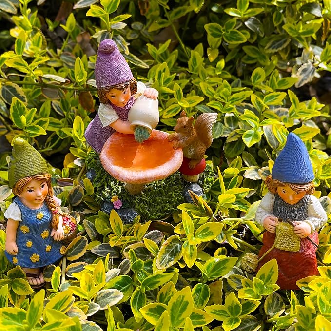 Mood Lab Garden Gnome Figurines - Lady Gnomes Set (3 pcs) - 3.5" H Miniature Decorative Statues & Accessories - Outdoor & Indoor Garden Decor