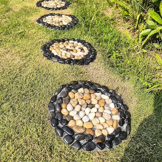 Garden Stepping Stones Outdoor,Pebble Stepping Stones for Garden Walkway,Decoration Polished River Rock for Yard, Pathway,Landscaping, 12 inch Round Decorative Stone Sheet Set 6pcs