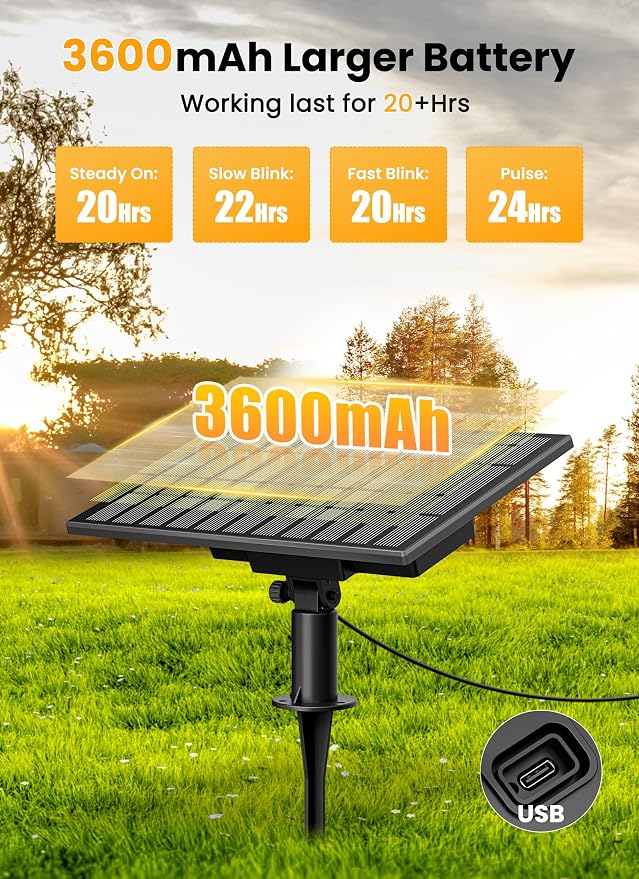 Brightown 58FT 26LED Solar String Lights Outdoor with USB Port, Shatterproof Bulbs, 3 Lighting Modes, Patio Lights Solar Powered for Camping Backyard Garden Decor - Last for 20+Hrs