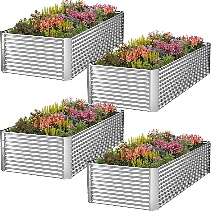 4 Pack Tall Corrugated Galvanized Steel Raised Garden Bed Outdoor, Metal Above Ground Garden Bed for Vegetables and Flowers, Rectangle Raised Beds for Gardening-6x3FT