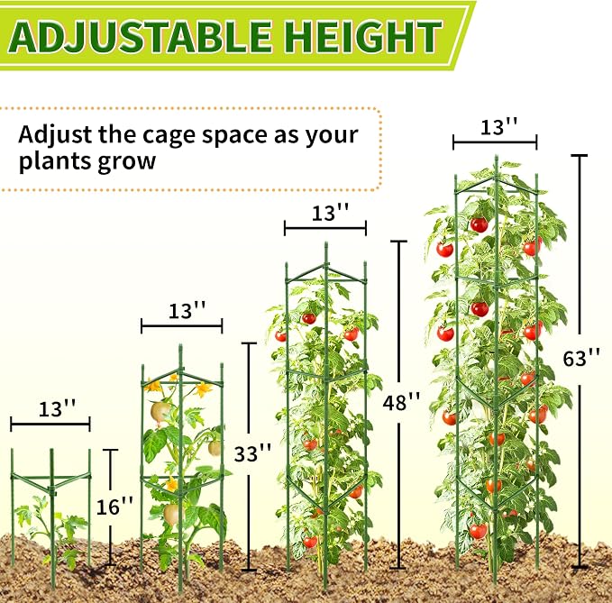 63-Inch Heavy Duty Tomato Cages, 4-Pack Extra Tall Metal Tomato Trellis, Steel Tube Plant Cage for Indeterminate Tomatoes, Cucumbers, Pole Beans – Rust-Proof Coated
