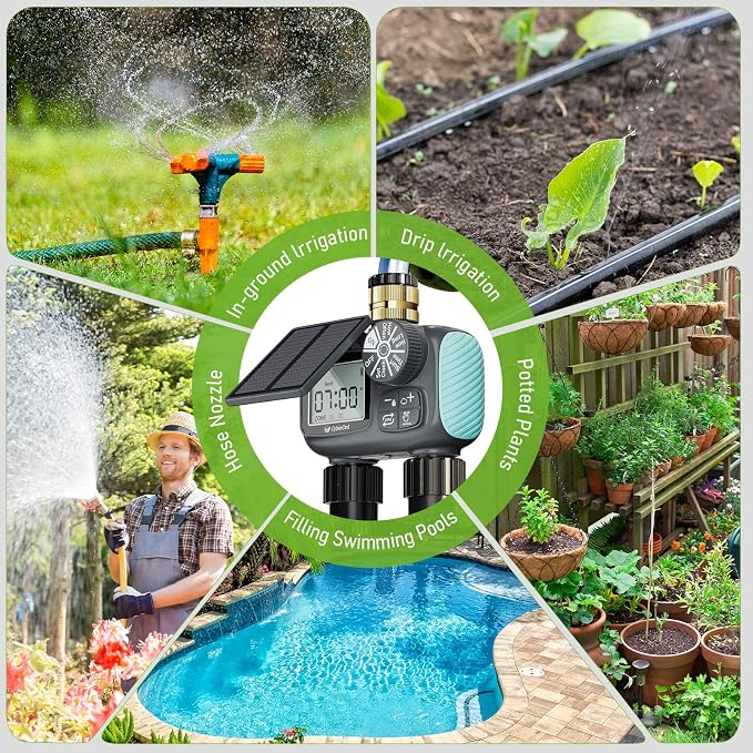 2 Zone Solar Water Timer, Hose Timer with Solar Charging, Sprinkler Timers for Garden Hose with Auto/Manual/Rain Delay Modes, Digital Drip Irrigation System for Lawn/Patio/Garden