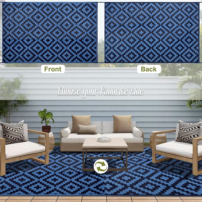SAND MINE Reversible Mats, Plastic Straw Rug, Modern Area Rug, Large Floor Mat and Rug for Outdoors, RV, Patio, Backyard, Deck, Picnic, Beach, Trailer, Camping, Blue, 6' x 9'