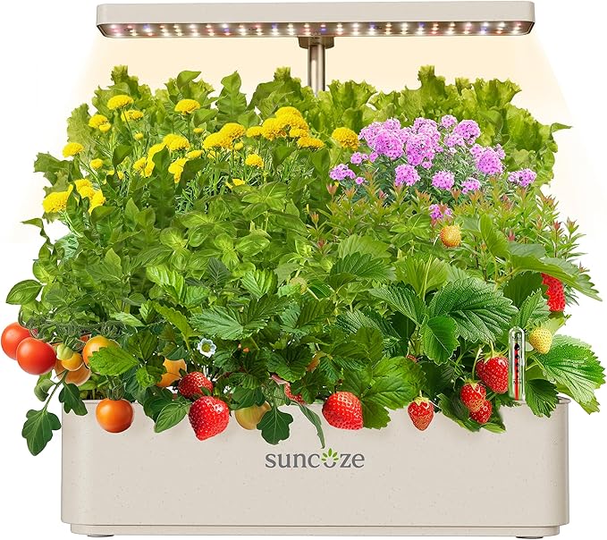 SUNCOZE Hydroponics Growing System Kit 12 Pods, 24W LED Grow Light Indoor Garden, 4L Water Tank with Quiet Pump, Adjustable Height Herb Garden Planter Indoor Kit, Gardening Gifts, Beige