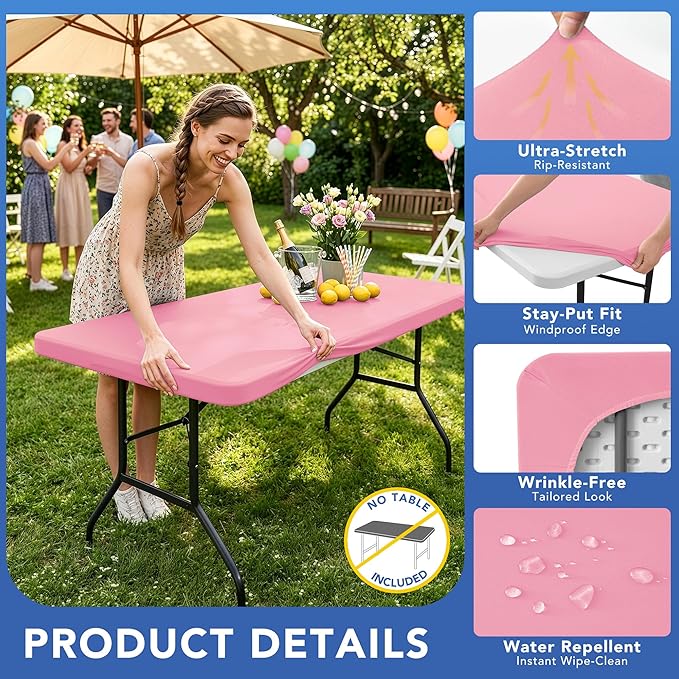 Fitted Tablecloth for 8 Foot Rectangle Tables-6 Pack Pink Elastic Outdoor Picnic Table Cover-Spandex Stretch Folding Table Cloths 8ft for Camping Dining Room Patio Kitchen Banquet Party
