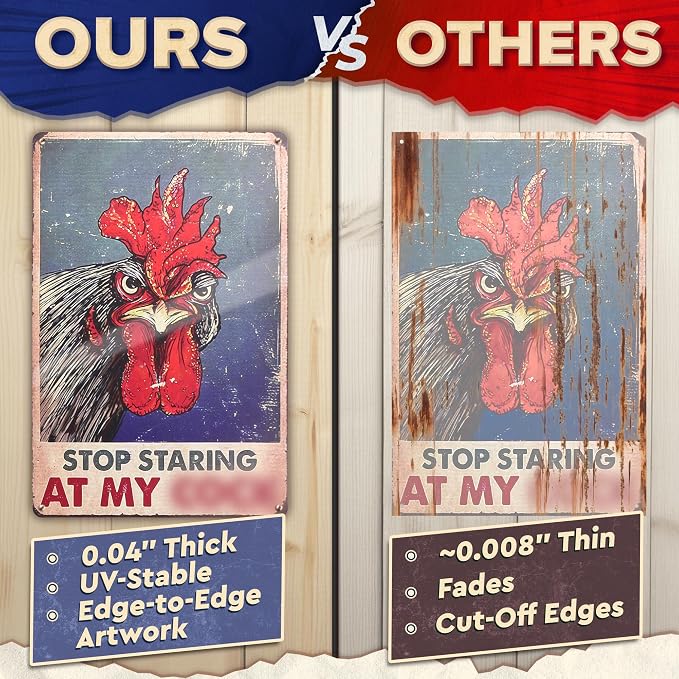 Chicken Coop Sign 8 x 12 Inches – Stop Staring at My Sign, Rooster Decor – Lightweight Durable Tin Metal, Fade-Resistant, Easy to Install, Indoor and Outdoor Use | Chicken Coop Accessories & Gifts