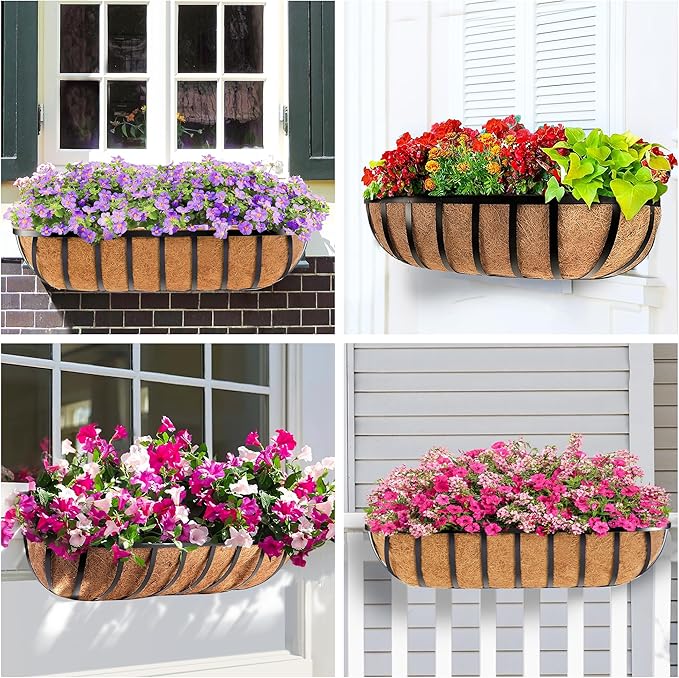24" Railing Planter with Adjustable Brackets, Window Box with Coco Liner, Hanging Flower Metal Box for Indoor Outdoor, Balcony Deck Fence Porch Patio, Black, Set of 2