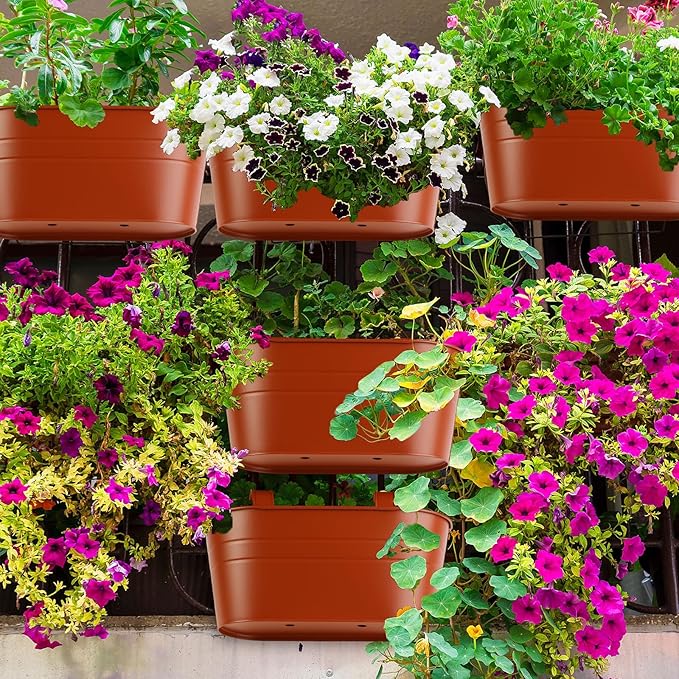 Hicarer Metal Hanging Flower Pots for Railing Fence, Large Hanging Rail Planters for Outdoor Window Balcony Plants Holder with Hooks for Garden Yard Home Decor(Brown,4 Pcs)