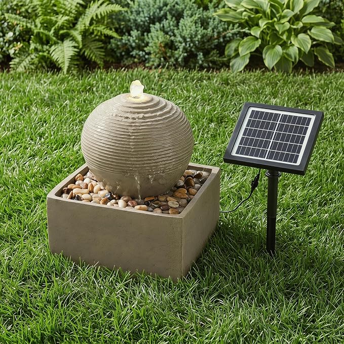 Solar Fountain Outdoor with LED Lights, Zen Sphere Water Fountain, Small Resin Garden Water Feature for Patio, Porch, Deck, Backyard & Indoor Decor, 12 Inch
