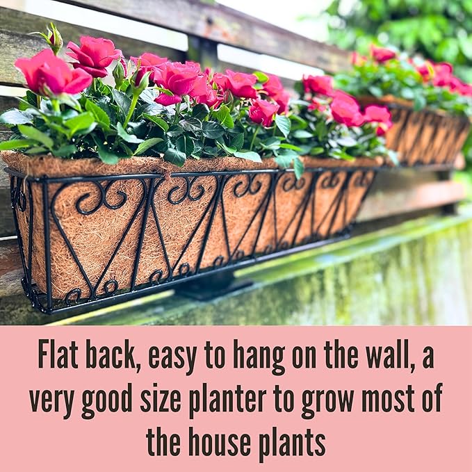 LaLaGreen Outdoor Wall Planters - 2 Pack, 30 Inch Deck Railing Hanging Pot, Over the Rail Window Flower Boxes Black Plant Basket Attach to House with Coco Liner Metal Fence Balcony Patio Porch