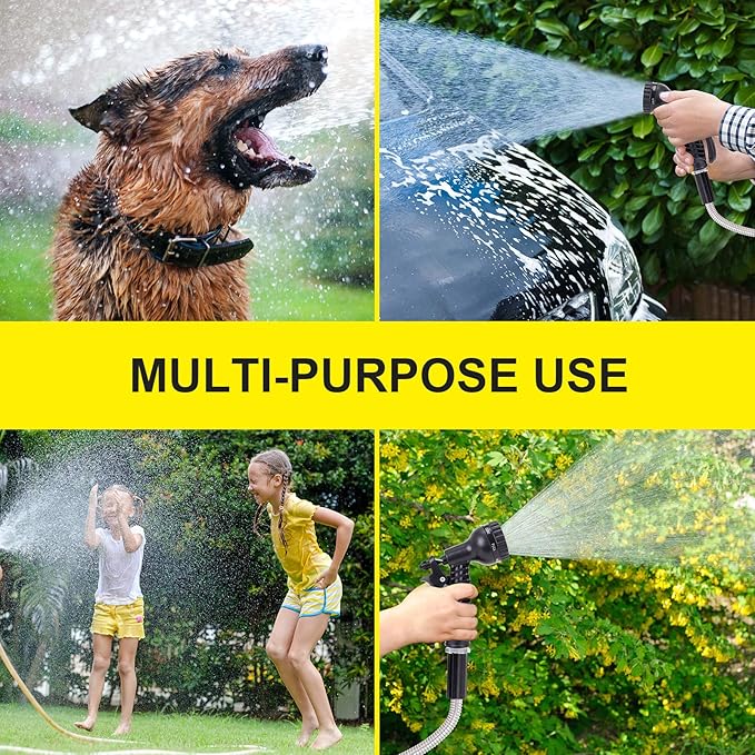 Metal Water Hose 25 ft - Stainless Steel Water Hose with 2 Nozzles, Lightweight, Tangle Free & Kink Free, Heavy Duty, High Pressure, Flexible, Dog Proof