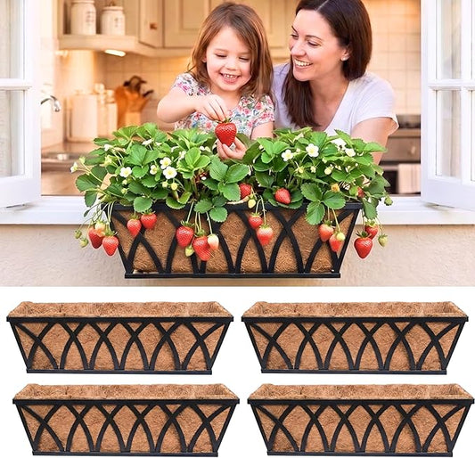LaLaGreen Wall Planters (4 Pack, 24 Inch) Large Fence Planters for Outdoor Plants with Coco Liner Metal Deck Railing Flower Basket Window Box Attach House Outside Horse Trough Porch Balcony Garden