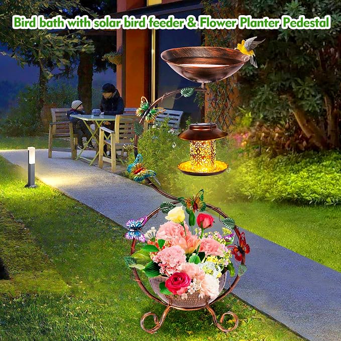 YADOOLIFE 37.8" Bird Bath and Solar Bird Feeders Combo with Flower Planter Pedestal, Metal Bird Baths for Outdoors, Decorative Birdbath with Butterfly for Outside Garden Yard, Weather Resistant