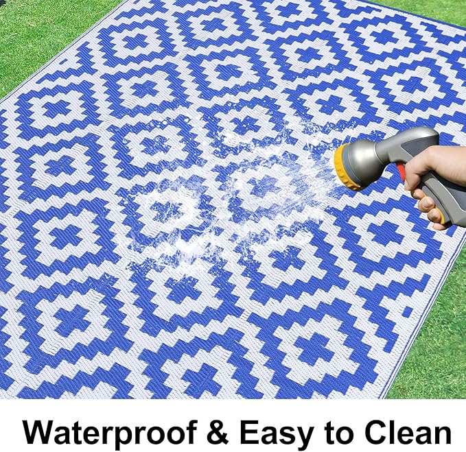 Smiry Waterproof Outdoor Rug 10X14 ft, Reversible Plastic Straw Patio Camping Rugs, Outdoor Indoor RV Mat Carpet for Patio, Outside Entry, Backyard, Deck, Bench, Picnic, Camper, White & Blue