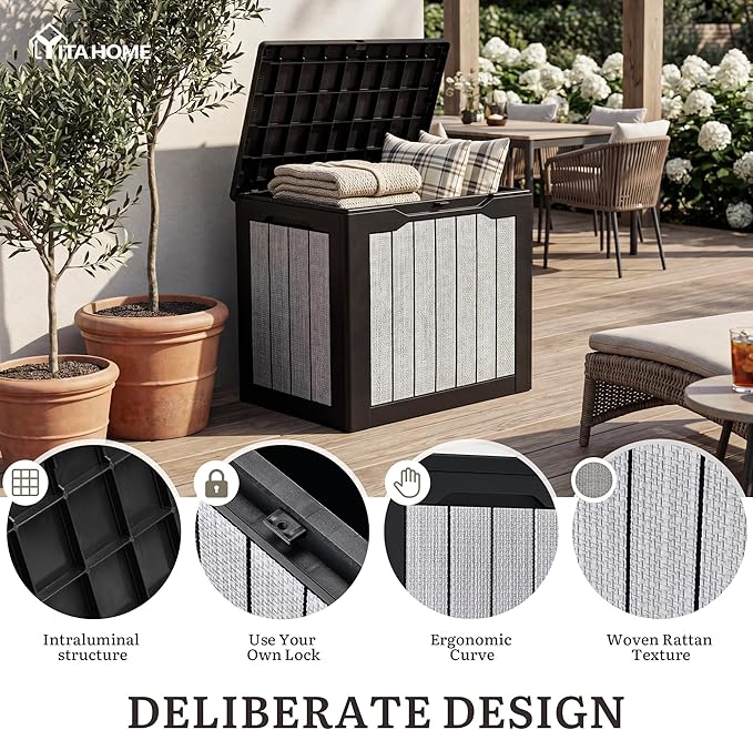 YITAHOME 30 Gallon Deck Box, 2-Pack Waterproof Resin Outdoor Storage Box with Lock, Doubles as Bench Seating for Patio Furniture Cushions,Garden Tools & Pool Accessories, Black & Gray