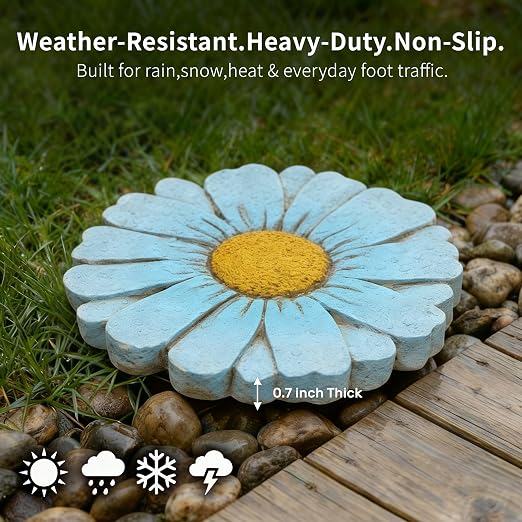 Heavy Duty Concrete Stepping Stone 10 Inch Daisy Design, Non Slip Garden Pathway Stone for Outdoor Walkway Yard Patio Lawn (Blue)