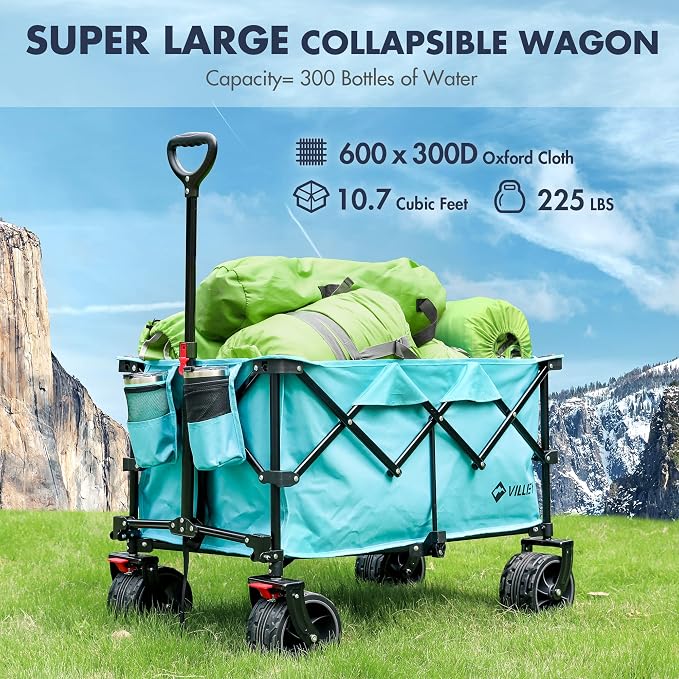 VILLEY Collapsible Folding Wagon with Big Wheels, All Terrain Beach Wagon Cart Heavy Duty Foldable, Enlarged 225lbs Capacity, Portable Utility Garden Cart with 2 Cup Holders and Brake, Blue