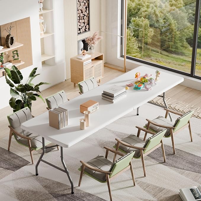 NEWBULIG 8 FT Foldable Table Easy to Fold and Store, Folding Picnic Table for Picnic Camping Kitchen Dining Party Outdoor Indoor with Carrying Handle, White