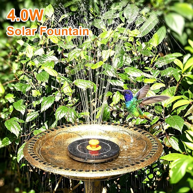 4.0W Solar Fountain, 2026 Upgrade Solar Bird Bath Fountains Pump with 8 Nozzles, Free Standing Floating Solar Powered Water Fountain Pump for Bird Bath, Garden, Pond, Pool, Outdoor, Hummingbirds