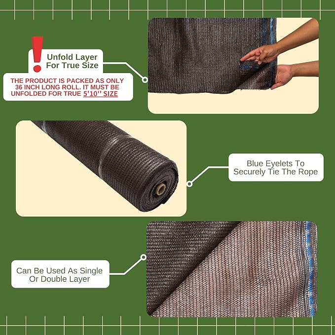 WindscreenSupplyCo] 60% 5'10'' x 100 FT Eyelets Shade Cloth Roll Sunblock Shade UV Resistant Net for Garden Greenhouse Flower Plant Patio Kennel, Brown - PS6160BRN