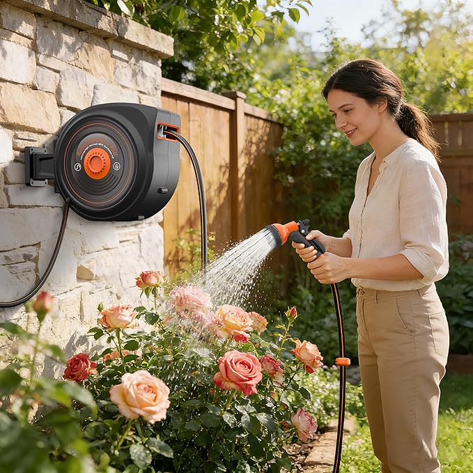 Mars Villa Retractable Garden Hose Reel 1/2 IN x 65 FT, Wall Mounted Heavy Duty Water Hose for Outside, Auto-Rewind & Any Length Lock, 180° Swivel Bracket, Slow Return, 10 Spray Patterns, UV-Resistant