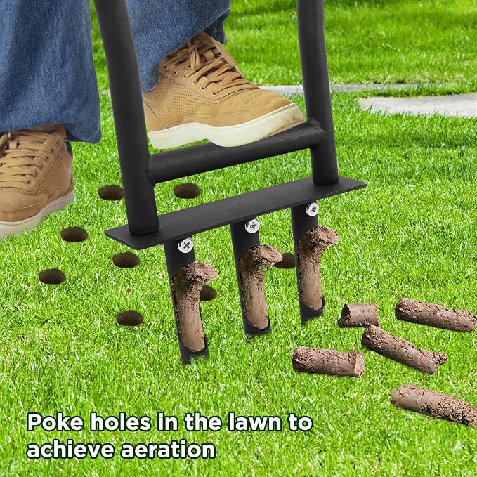 Manual Lawn Coring Aerator Tool with 3 Replaceable Hollow Tines, U-Shaped Non-Slip Handle & Foot Pedal for Garden and Yard Aeration