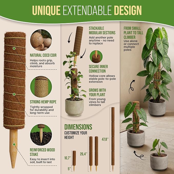 Organo Republic Moss Pole Monstera Plant Support Stakes - 2x26.4 or 48.7" Unique Self-Watering, Extendable Coco Coir Pole for Climbing Plant Supports for Potted Plants Indoor, Totem Pole for Pothos