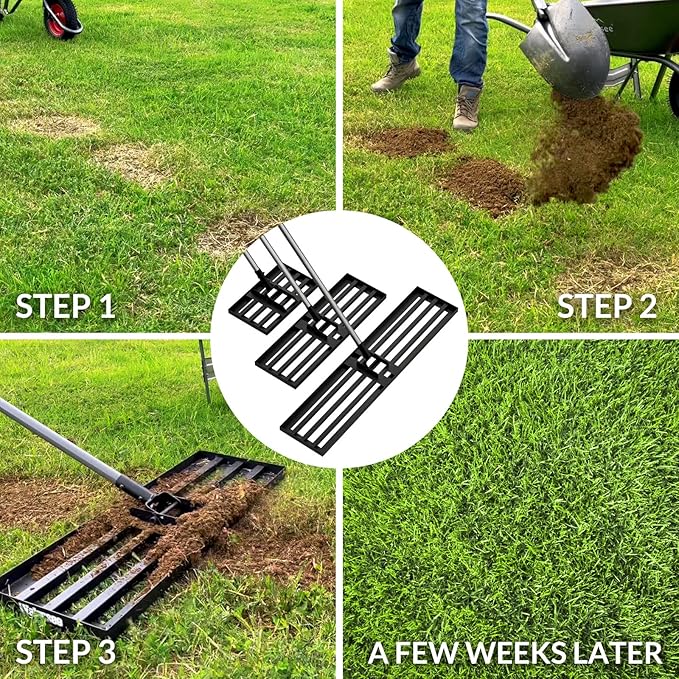 Walensee Lawn Leveling Rake, 17"x10" Heavy Duty Lawn Leveler Tool with 6.5FT Steel Handle, Levelawn Landscape Rake for Topdressing, Soil, Sand, Dirt, Small Yard, Garden, Golf Course