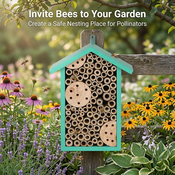 Topadorn Insect Habitat Wall Mounted Bee House Natural Bamboo Tube Bee Hotel with Metal Hanging for Outdoor Garden or Yard Bee House Attracts Many Types of Bees,Green