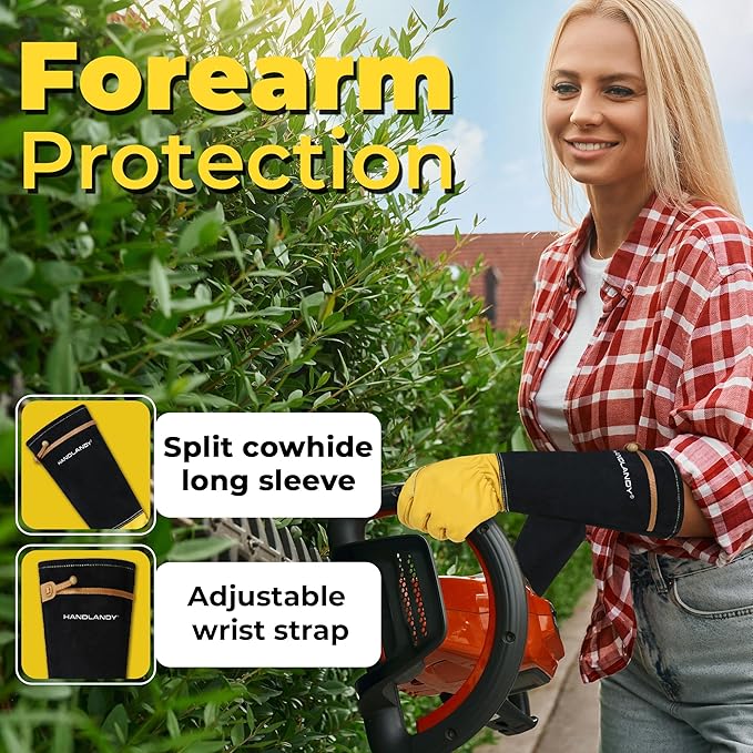 HANDLANDY Long Gardening Gloves for Men & Women, Cowhide Leather Rose Pruning Gloves, Breathable Thorn Proof Gauntlet Glove (Mustard Yellow, S)
