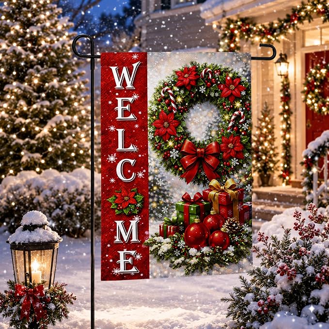 Christmas Decorations - Xmas Wreath Welcome Garden Flag | Christmas Party Decor Favors Supplies for Outdoor Outside - Red Wreath Double Sided Backdrop Banner for Garden Porch Patio Lawn Yard