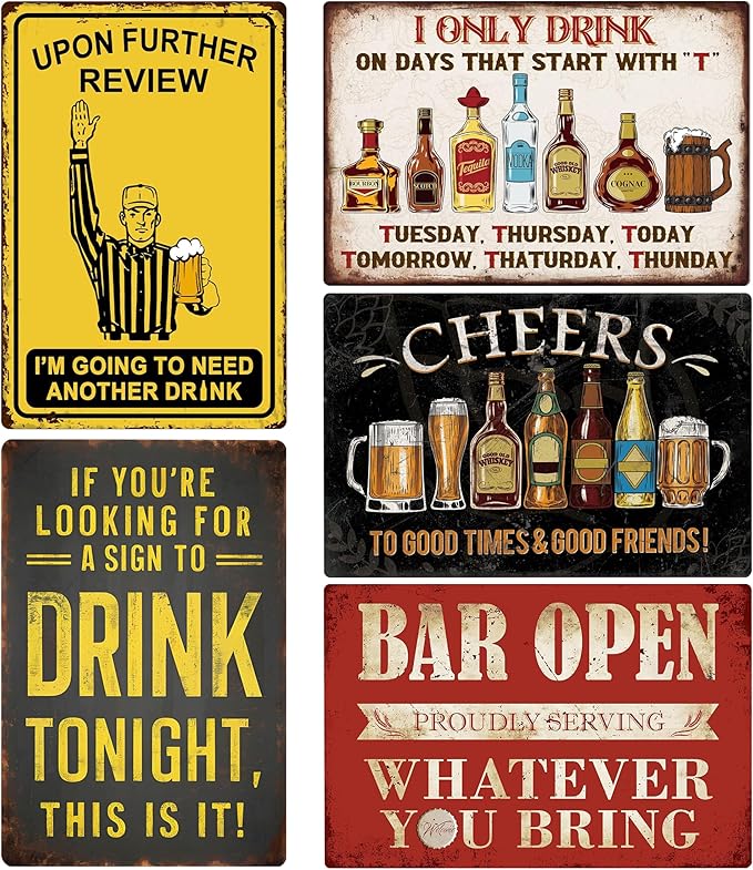 Vintage Metal Sign, Metal Wall Art, Funny Bar Signs, Motivational Positive Affirmations Wall Decor, Funny Tin Signs for Home Office School Gym & Locker Room 8x12 Inch (5-Pack Metal Bar Signs)