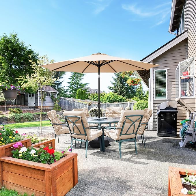 Sundale Outdoor 10 ft Patio Umbrella with Sand Bag Umbrella Base Included, Outdoor Umbrella with Tilt and Crank, Tan