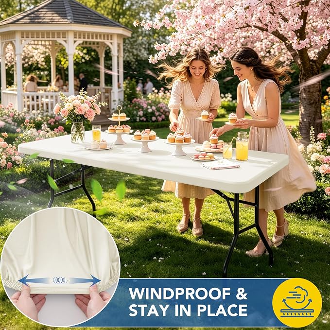 Fitted Tablecloth for 6 Foot Rectangle Tables-6 Pack Cream Elastic Outdoor Picnic Table Cover-Spandex Stretch Folding Table Cloths 6 ft for Camping Dining Room Patio Kitchen Banquet Party