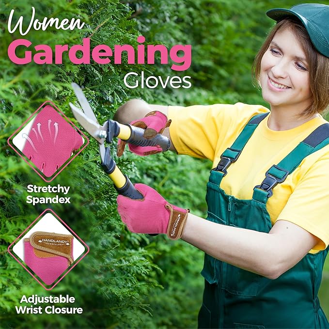 HANDLANDY Gardening Gloves for Women, Breathable Ladies Leather Garden Yard Gloves Best Gift for Gardeners