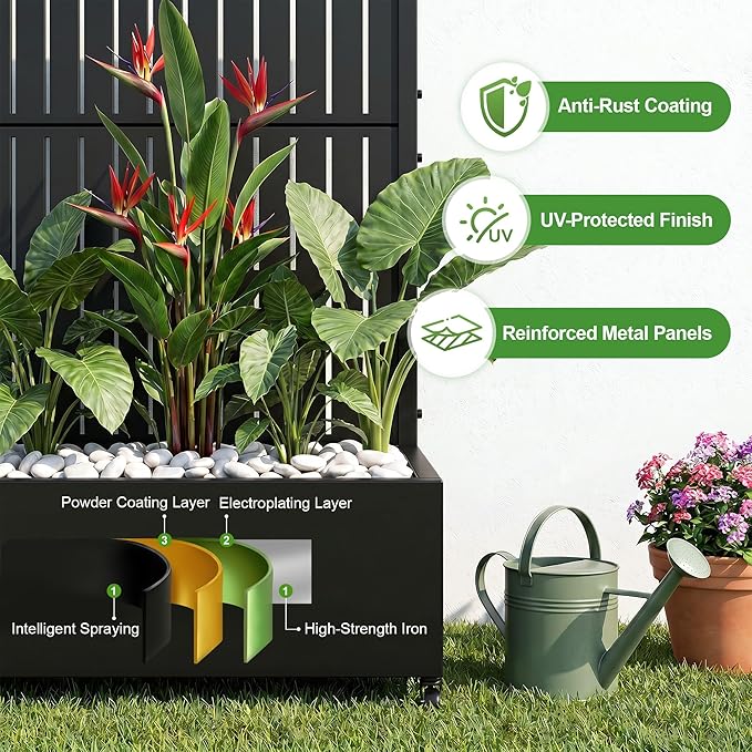 Casaphoria Metal Raised Garden Bed with Trellis and Wheels, 72"x47"x16" Planter Box for Climbing Plants, Vegetables & Vines, Features Drainage Holes and Privacy Screen (Black)
