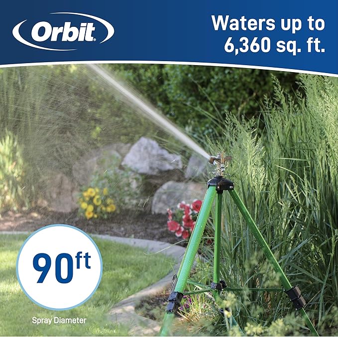 Orbit 1/2 Inch Brass Impact Sprinkler - Adjustable Metal Tripod - Long Range Lawn Watering System - 360 Degree Rotating Sprinkler - Heavy Duty Irrigation System - Adjustable 22-48 Inch Height - 58308