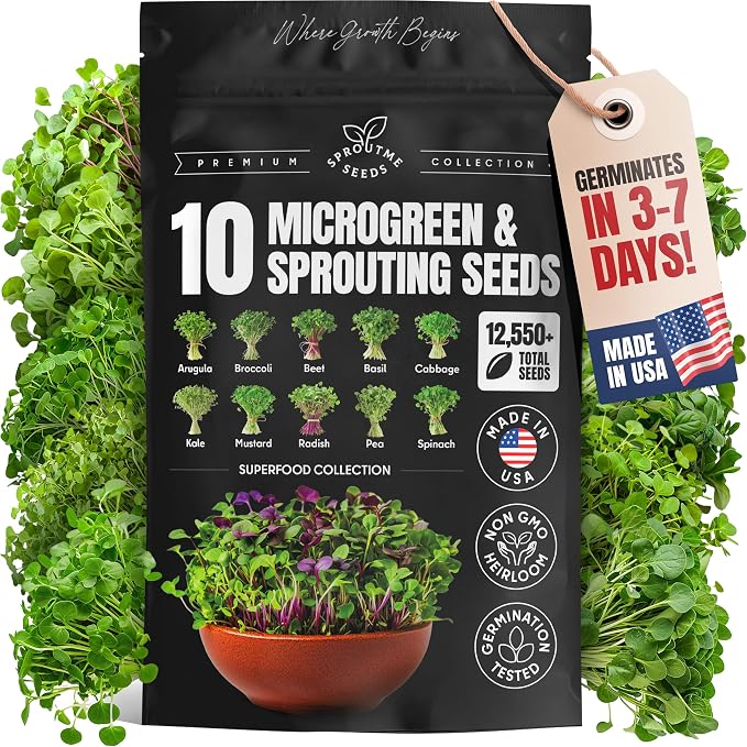 SproutMe Microgreens & Sprouting Seeds Variety Pack – 10 Varieties for Indoor & Outdoor Growing, Non-GMO Heirloom – Arugula, Beet, Basil, Broccoli, Cabbage, Kale, Mustard, Pea, Radish, Spinach