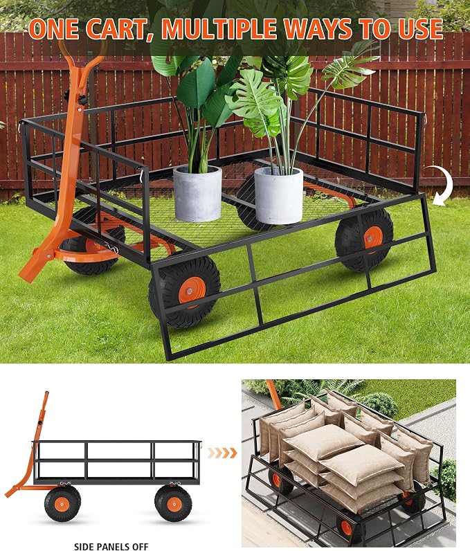 Heavy Duty Steel Garden Cart Wagon, 1200LBS Capacity Utility Trailer with Removable Mesh Sides, Convertible Flatbed for Lawn Mower, Yard Work, Soil, Mulch & Plant Transport