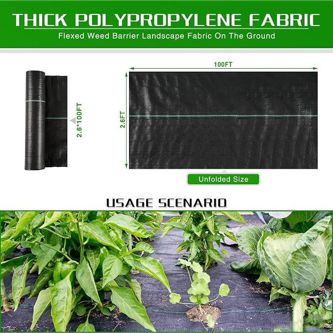 Weed Barrier Landscape Fabric Heavy Duty, 2.6FT x 100FT Thicken Garden Blocker Fabric Weed Mats, Weed Control Garden Cloth, Woven Geotextile Fabric for Garden Beds, Underlayment, Commercial Driveway