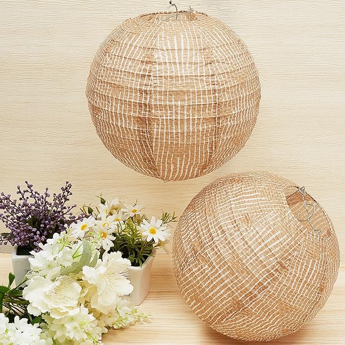 Hortsun 12 Pcs Print Burlap Paper Lanterns Round Chinese Paper Lanterns Farmhouse Boho Classroom Home Decor Classroom Sweet Birthday Party Ceremonial Event (10 Inch)