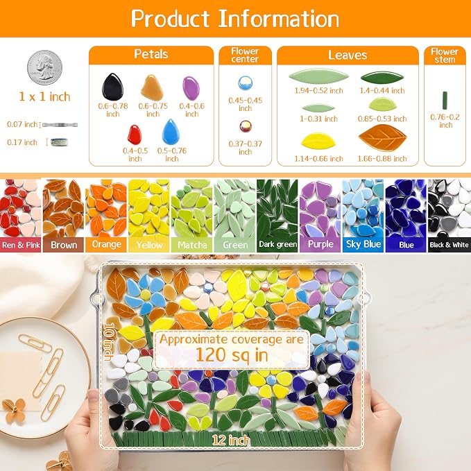 LOTOFUN Mosaic Tiles for Stepping Stones: 610g Vibrant Mosaic Tiles for Crafts Bulk with Petals Centers Leaves Stem Decorative Ceramic Flowers Mosaic Supplies for DIY Garden Decor- Crafts for Adults
