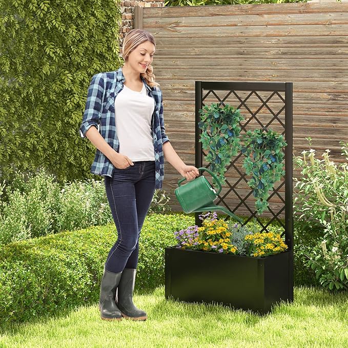 Giantex 44" Metal Raised Garden Bed with Trellis, Elevated Vertical Planter with Garden Trellis for Vine Plant Flower Climbing, Indoor & Outdoor Use Plant Box for Yard Garden Balcony