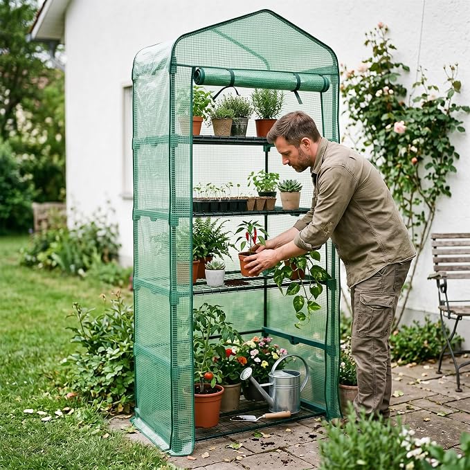 Worth Garden 5 Tier Mini Greenhouse - 75'' H x 27'' L x 19'' W - Sturdy Portable Gardening Shelves with Durable PE Cover w/ Roll-Up Zipper Door- Small Green House Indoor & Outdoor for Plants Flowers