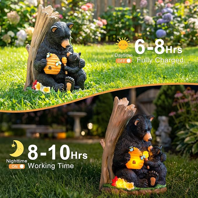 C&Y&G&X Solar Black Bear Garden Statue with Light-Up Beehive & Honey Dipper, Outdoor Resin Animal Sculpture Yard Art Decor for Patio, Lawn, Porch, and Housewarming Gift