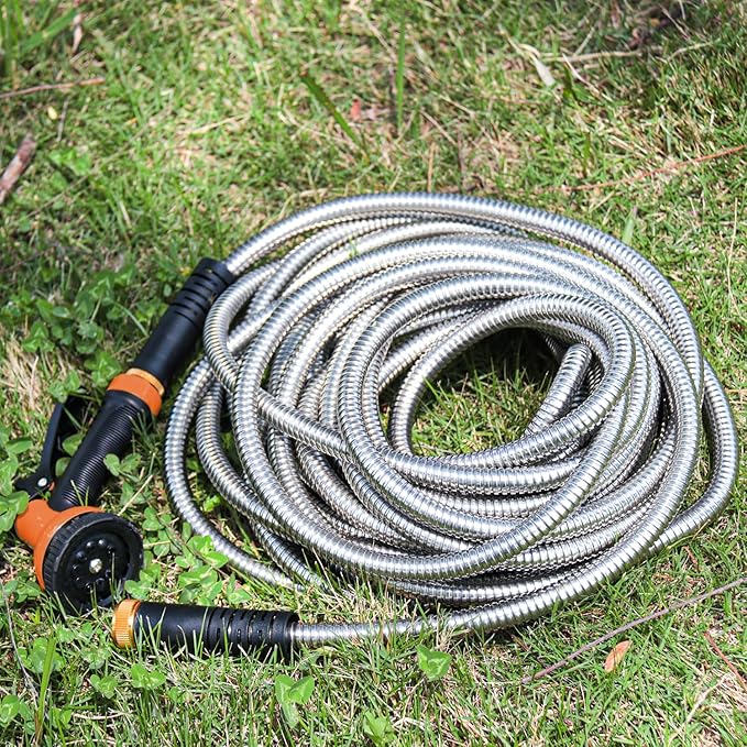 Besiter Garden Hose 75FT Stainless Steel Water Hose with 10 Functions Adjustable Spray Nozzle, Heavy-Duty Metal Garden Hose Flexible Durable No-Tangle & Kink Leak Dog Proof Hose for Yard Lawn(Orange)