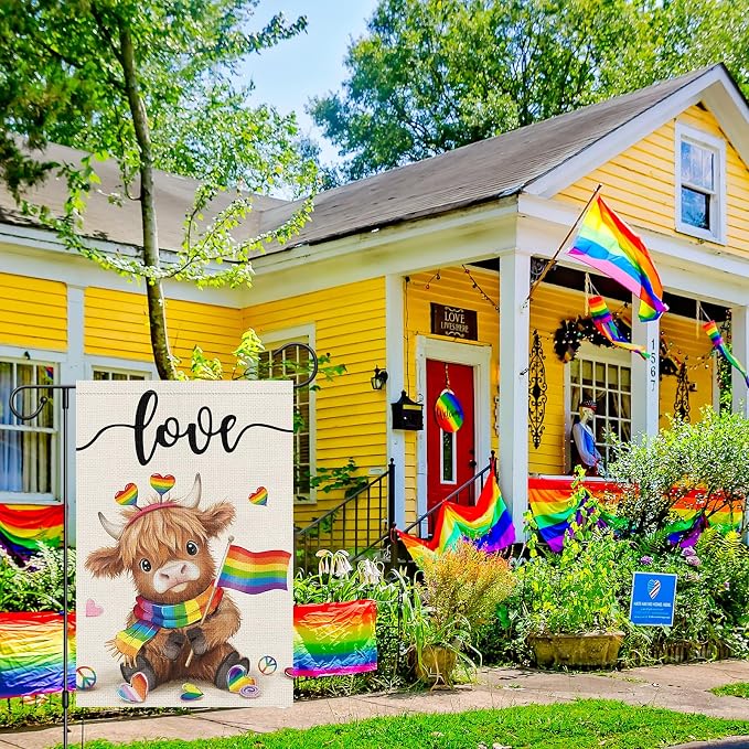 Heyfibro Love Cute Highland Cow Pride Garden Flag 12x18 Double Sided Burlap, Rainbow Heart Pattern Gay Lesbian LGBT Pansexual Yard Banner for Pride Month Outdoor Decoration (ONLY FLAG)