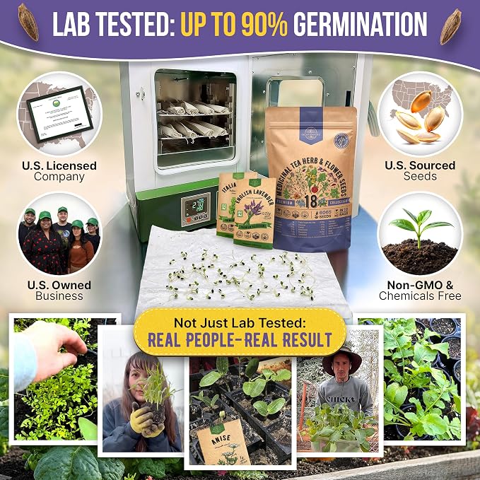 18 Medicinal Tea Herb & Flower Seeds Variety Pack - 6,100+ Non-GMO Heirloom Flower Seeds for Outdoor and Indoor Home Gardening, Including Anise, Borage, Catnip, Chamomile, Dandelion, Lavender, Sage