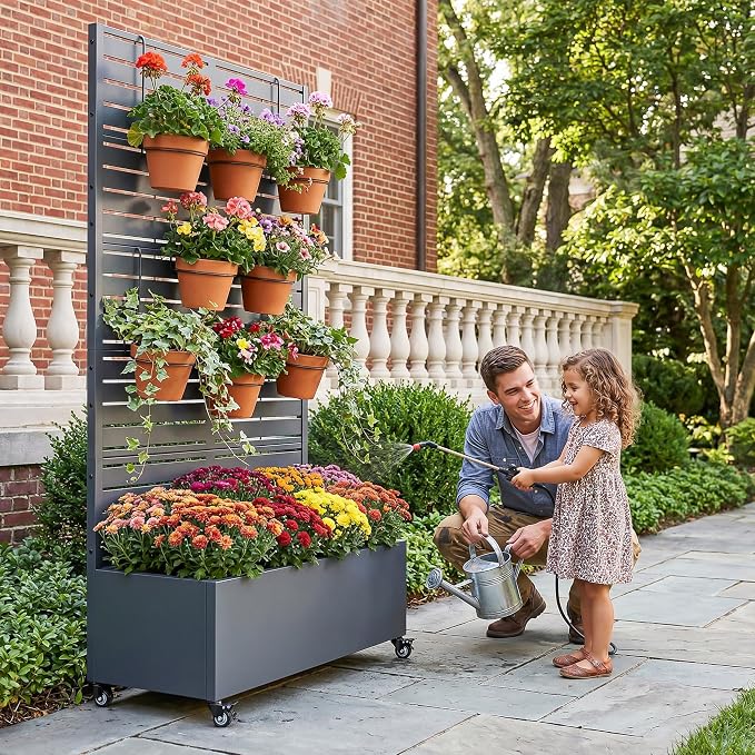 Casaphoria Metal Raised Garden Bed with Trellis and Wheels, 72"x35"x16" Planter Box for Climbing Plants, Vegetables & Vines, Features Drainage Holes and Privacy Screen, Drakgrey-Louvered