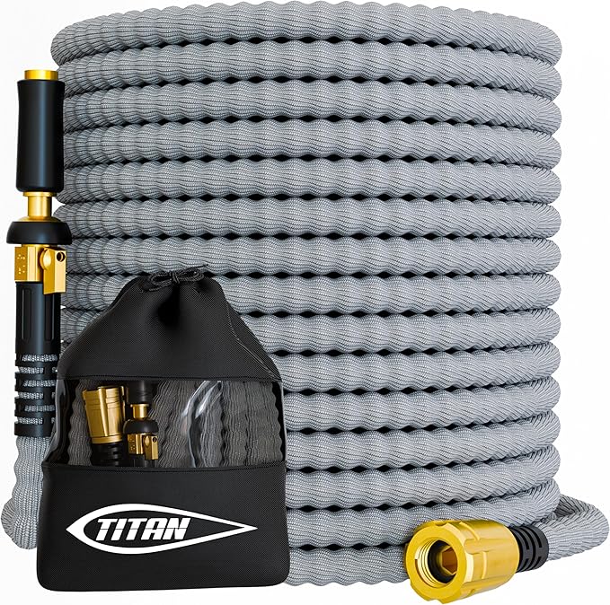 TITAN Flexible Garden Hose 100FT – Ultra Lightweight, Heavy Duty Water Hose with Brass Fittings & Jet Nozzle – Kink-Free, Non-Expanding, Durable Fabric Hose for Yard, Lawn, Car Wash, Outdoor Use